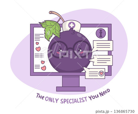 Doctor Blueberry on Computer with Chat Bubbles. Cute Kawaii Berry Currant Mascot Medical Character. Online Consultation Examination, healthcare support, telemedicine and Treatment. Vector illustration 136865730