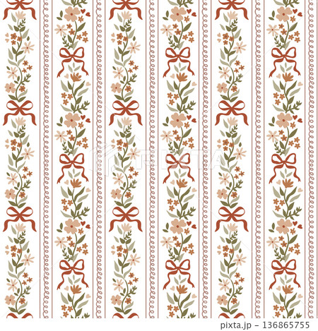 Cottagecore floral striped seamless pattern. Vector tiny bouquet of flowers and bows print, wallpaper. 136865755