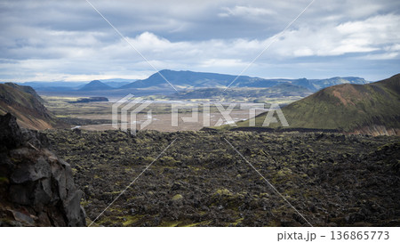 Harsh Nordic landscape with mountains, black volcanic rocks and solidified lava, Highlands, Iceland 136865773