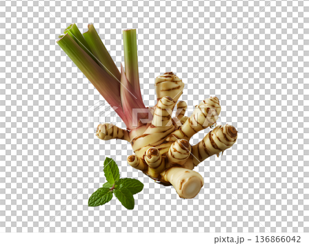 Fresh Ginger Root with Green Shoots and Mint Leaves on Black Background 136866042