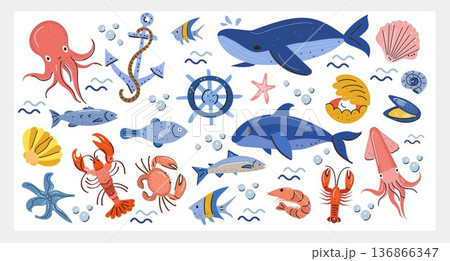 Cute ocean animals and nautical elements clipart set: whales, dolphin, octopus, squid, fish, crab, lobster, shrimp, shells, anchor, ship wheel, bubbles and waves. Flat vector illustration 136866347