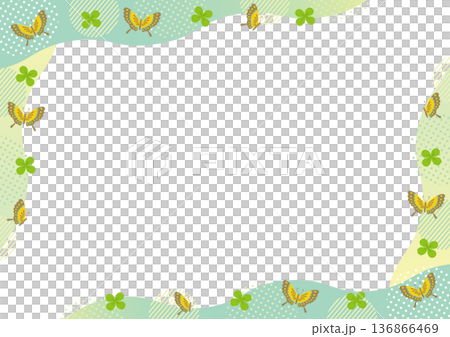 Butterfly, clover, geometric pattern and wave corner frame_ green Butterfly, clover, geometric pattern and wave corner frame_ green 136866469