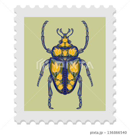 A spring stamp featuring a beetle and festive floral motifs in Art Nouveau style. Vector isolated element. A spring stamp featuring a beetle and festive floral motifs in Art Nouveau style. Vector isolated element. 136866540