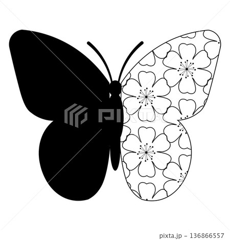 Butterfly silhouette illustration featuring decorative daisy floral pattern wings in a clean black and white style. Ideal for spring nature themes, decorative designs, branding elements, backgrounds, Butterfly silhouette illustration featuring decorative daisy floral pattern wings in a clean black and white style. Ideal for spring nature themes, decorative designs, branding elements, backgrounds, 136866557