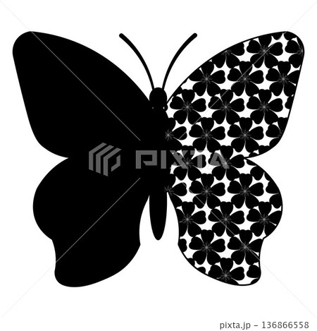 Butterfly silhouette illustration featuring decorative daisy floral pattern wings in a clean black and white style. Ideal for spring nature themes, decorative designs, branding elements, backgrounds, 136866558