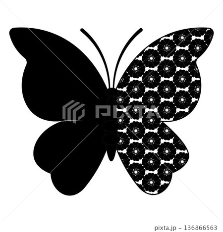 Butterfly silhouette illustration featuring decorative daisy floral pattern wings in a clean black and white style. Ideal for spring nature themes, decorative designs, branding elements, backgrounds, 136866563