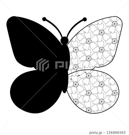 Butterfly silhouette illustration featuring decorative daisy floral pattern wings in a clean black and white style. Ideal for spring nature themes, decorative designs, branding elements, backgrounds, 136866565