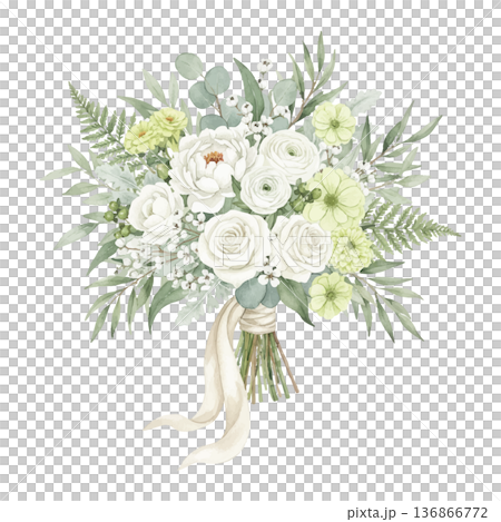 水彩白綠花束花束素材新娘裝飾插畫 白綠水彩 136866772