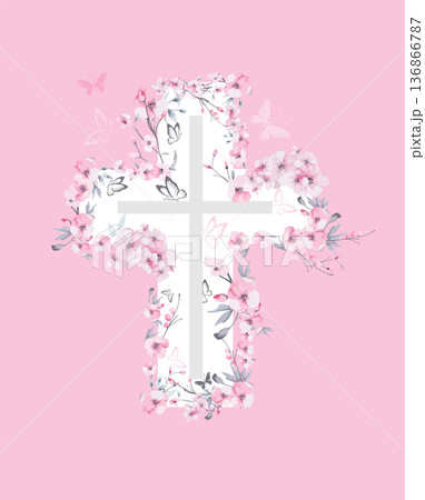 Religious cross with sakura flowers and butterflies . Hand drawn. Not AI, vector illustration. He is risen 136866787