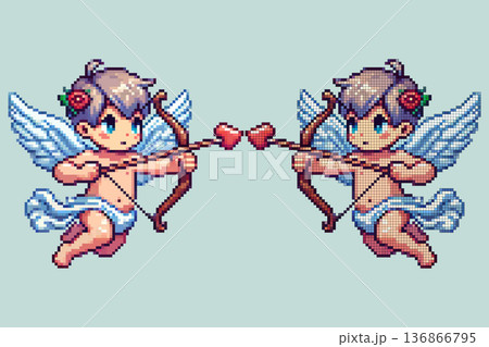 Cute pixel cupid flying with a bow and arrow during a festive event on a light background 136866795