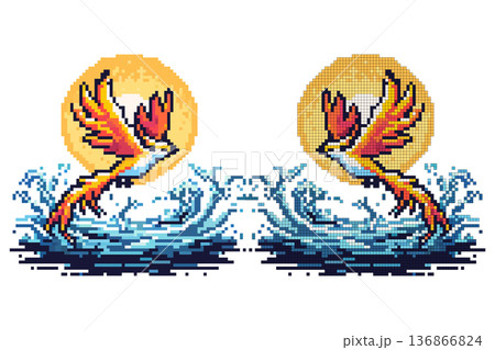 A phoenix bird flies over water against the backdrop of the sun 136866824