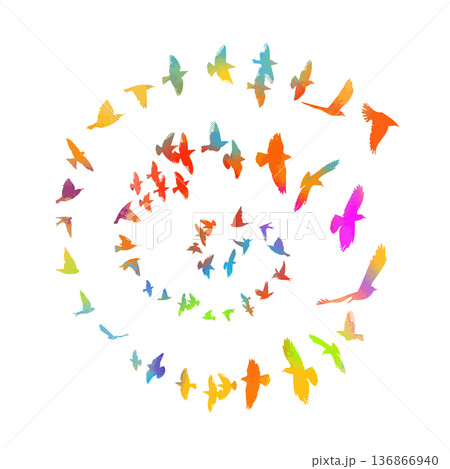 Colored birds flying in a circle in a spiral . Hand drawn. Not AI, vector illustration. 136866940