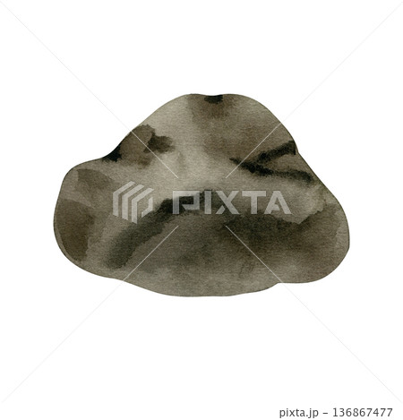Organic watercolor illustration of a single grey stone with realistic shadows and paint textures. A versatile hand-drawn element for nature-themed graphics, garden design, and botanical art. Organic watercolor illustration of a single grey stone with realistic shadows and paint textures. A versatile hand-drawn element for nature-themed graphics, garden design, and botanical art. 136867477