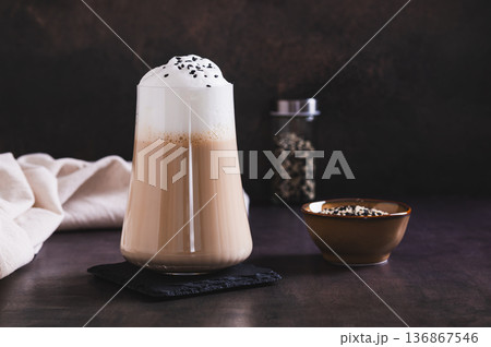 Gourmet drink black sesame latte in a glass on the table 136867546
