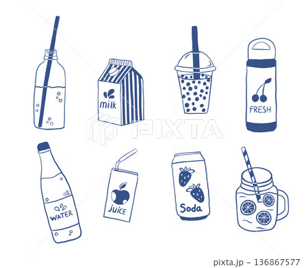 Various drinks set. A collection of water, milk, matcha lattes, juices, and other beverages in plastic cups plastic cups and bottles, paper mugs, Tetra Pak containers, and glasses..Minimal line style 136867577