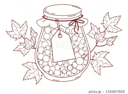 Outline Homemade Berries Jam in Glass Jar with big Blank Label and Paper Lid with Currant Leaves. Line drawing, coloring page. Vector Illustration. Isolated on White 136867660