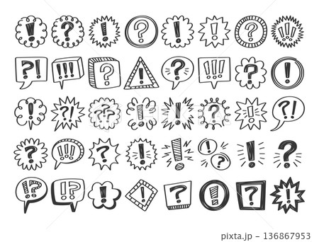Set of hand drawn doodle exclamation and question marks inside speech bubble message icons Set of hand drawn doodle exclamation and question marks inside speech bubble message icons 136867953