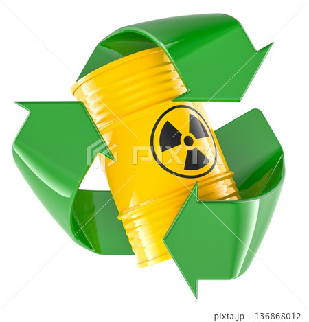 Nuclear waste barrel in recycling symbol. Nuclear waste recycling concept, 3d rendering 136868012
