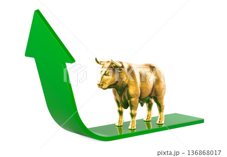 Stock market rise concept. Golden bull on green up arrow. 3D rendering Stock market rise concept. Golden bull on green up arrow. 3D rendering 136868017