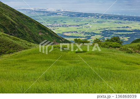 鳥海山・千畳ヶ原の草原と庄内平野・日本海の眺め 鳥海山・千畳ヶ原の草原と庄内平野・日本海の眺め 136868039