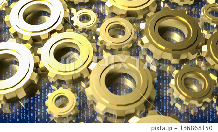 Digital Technology Concept with Golden Gears and Binary Code 3d render. Digital Technology Concept with Golden Gears and Binary Code 3d render. 136868150