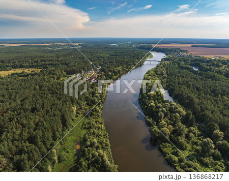 Aerial View of Winding River and Settlement Near Minsk, Belarus Aerial View of Winding River and Settlement Near Minsk, Belarus 136868217