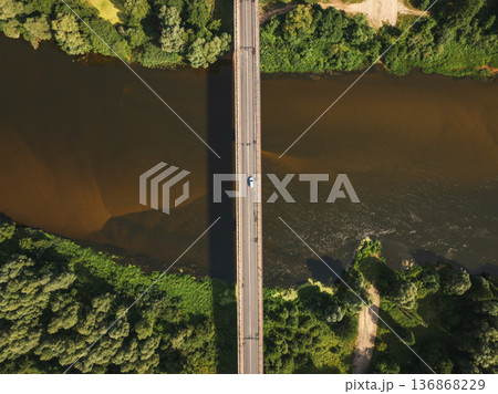 Aerial View of Bridge Over River Near Minsk, Belarus in Summer 136868229