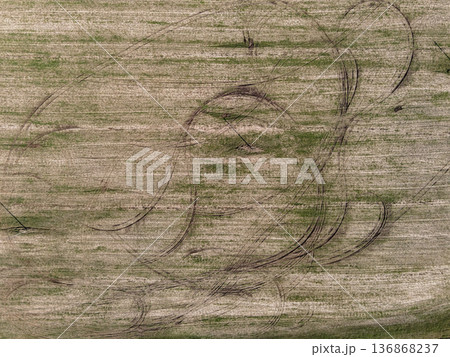 Aerial View of Field with Tire Tracks Near Minsk, Belarus 136868237