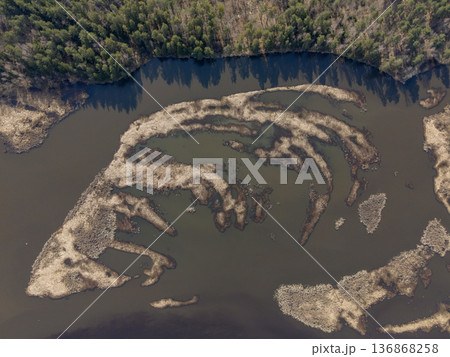 Aerial View of Water Body with Vegetation Patterns Near Minsk, Belarus 136868258