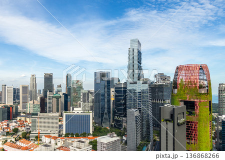 Modern business district skyline with steel and glass skyscrapers rising above the dense metropolitan landscape, Singapore Modern business district skyline with steel and glass skyscrapers rising above the dense metropolitan landscape, Singapore 136868266
