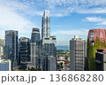 Modern glass skyscrapers of the Marina Bay financial district with sea and anchored ships visible in the background, Singapore 136868280