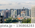 Modern business district skyline with steel and glass structures rising above the dense metropolitan landscape in the Republic of Singapore 136868283