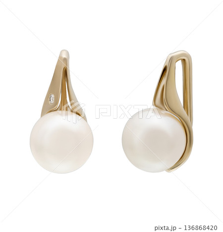 Gold pearl drop earrings with leverback clasps isolated on white 136868420