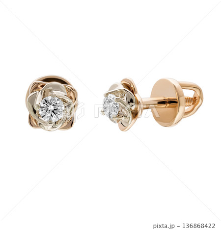 Rose gold diamond stud earrings with screwback, flower setting, isolated on white Rose gold diamond stud earrings with screwback, flower setting, isolated on white 136868422