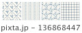 Set of seamless blue floral and ribbon patterns in vintage style. Delicate botanical textures and plaid background for fabric, wallpaper, wrapping paper, textile, and surface design. 136868447
