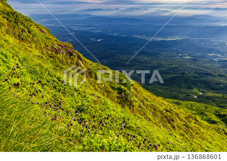 朝の鳥海山・外輪山稜線から見る朝日差す山並み 朝の鳥海山・外輪山稜線から見る朝日差す山並み 136868601
