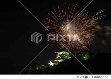 愛知県/ 国宝犬山城と夏の夜空に打ち上がるロングラン花火（ワンショット） 136868662