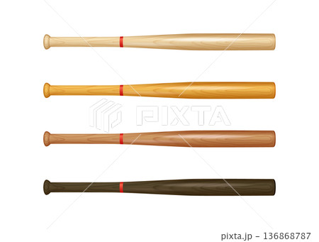 Vector 3d Baseball Bat Set Isolated. Wooden and Metal Bats Collection, Sports Equipment for Training and Game. Hitting Practice Gear. Realistic Vector Illustration 136868787