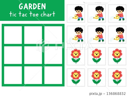 Vector garden tic tac toe chart with kid gardener watering flower. Spring board game playing field with cute character. Funny printable worksheet. Noughts and crosses grid with boy and plant Vector garden tic tac toe chart with kid gardener watering flower. Spring board game playing field with cute character. Funny printable worksheet. Noughts and crosses grid with boy and plant 136868832