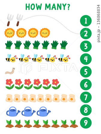 Match the numbers simple garden game with traditional symbols. Spring math activity for preschool kids. Educational counting worksheet with sun, bee, flower, watering can, baby plant, worm 136868834