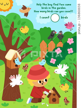 Vector searching and counting game with garden landscape, boy building birdhouse, trees, fence. Find two same birds. Spot hidden objects. Rural seek and find printable activity for kids 136868838