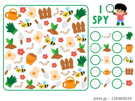 Garden I spy game for kids. Searching and counting activity with gardening tools, glove, watering can, worm. Printable worksheet for preschool children. Simple spring or summer spotting puzzle 136868839