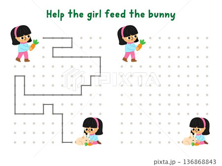 Garden drawing, writing, tracing, space orientation activity for kids with girl feeding bunny with carrot. Draw lines in box according example. Spring printable game, puzzle with child gardener 136868843