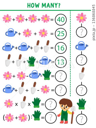 How many garden equipment game, equation, rebus. Spring math activity for school children. Printable counting worksheet for kids with watering can, flower, glove, spade, boy gardener 136868845