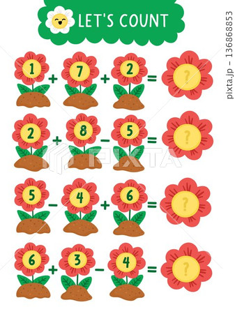 Simple garden math game with numbers in flowers. Spring rural country house math activity for preschool kids. Educational counting worksheet with plants on flower beds 136868853