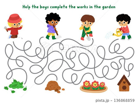 Garden maze with children doing gardening works. Simple labyrinth game. Spring country house printable activity or worksheet with gardener kids raking, digging, building birdhouse Garden maze with children doing gardening works. Simple labyrinth game. Spring country house printable activity or worksheet with gardener kids raking, digging, building birdhouse 136868859