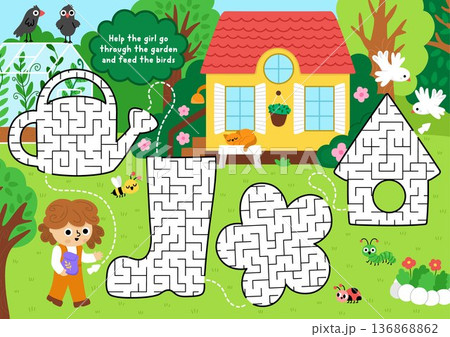 Garden maze with geometrical watering can, boot, flower, birdhouse. Simple labyrinth game. Spring country house printable activity or worksheet with gardener child and nature scene Garden maze with geometrical watering can, boot, flower, birdhouse. Simple labyrinth game. Spring country house printable activity or worksheet with gardener child and nature scene 136868862