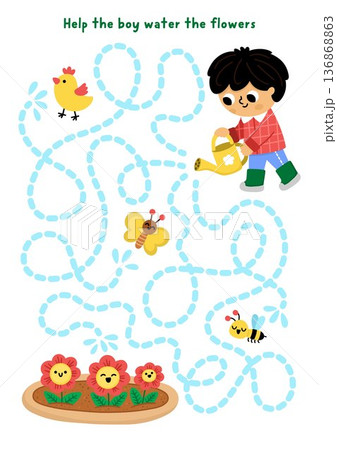 Garden maze with boy watering flowers. Simple labyrinth game. Spring country house printable activity or worksheet with gardener child doing gardening works, butterfly, bee, chick 136868863
