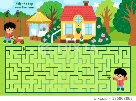 Garden maze with boy mowing grass with mower. Simple labyrinth game with nature scene. Spring country house printable activity worksheet with gardener child doing gardening works 136868865