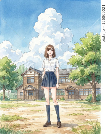 夏の公園に立つスリムな女子高生 136869021